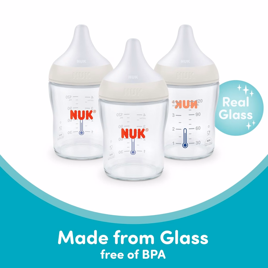 NUK Perfect Match Γυάλινο Μπιμπερό Natural + Anti-Colic, Γυάλινα Μπιμπερό 4 oz. με Ένδειξη Θερμοκρασίας SafeTemp, Βασικά Είδη για Νεογέννητα, Συσκευασία 3 τεμαχίων: Μωρό
