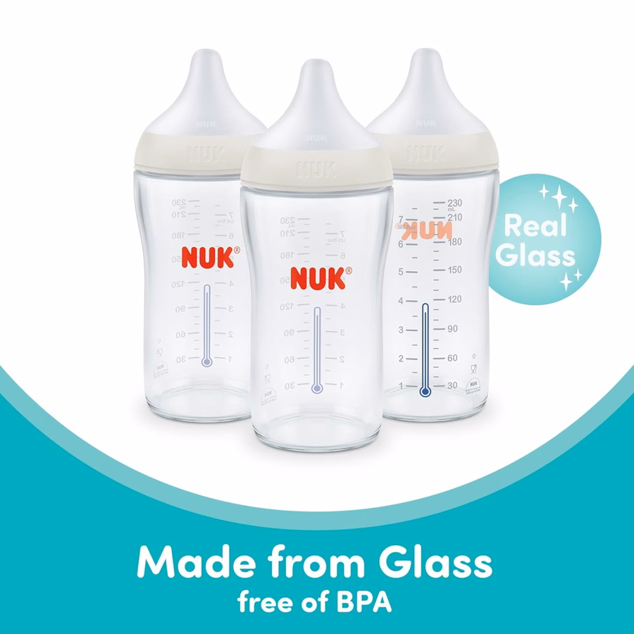 NUK Perfect Match Γυάλινο Μπιμπερό Natural + Anti-Colic, Γυάλινα Μπιμπερό 8 oz. με Ένδειξη Θερμοκρασίας SafeTemp, Βασικά Είδη για Νεογέννητα, Συσκευασία 3 τεμαχίων: Μωρό
